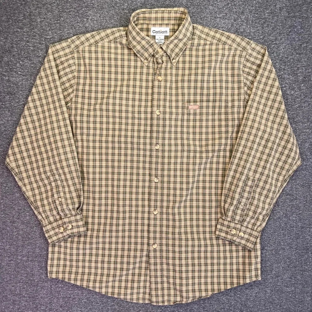 Carhartt Plaid Button Down Shirt‎ Mens Large Olive Green Workwear Casual S147OLV